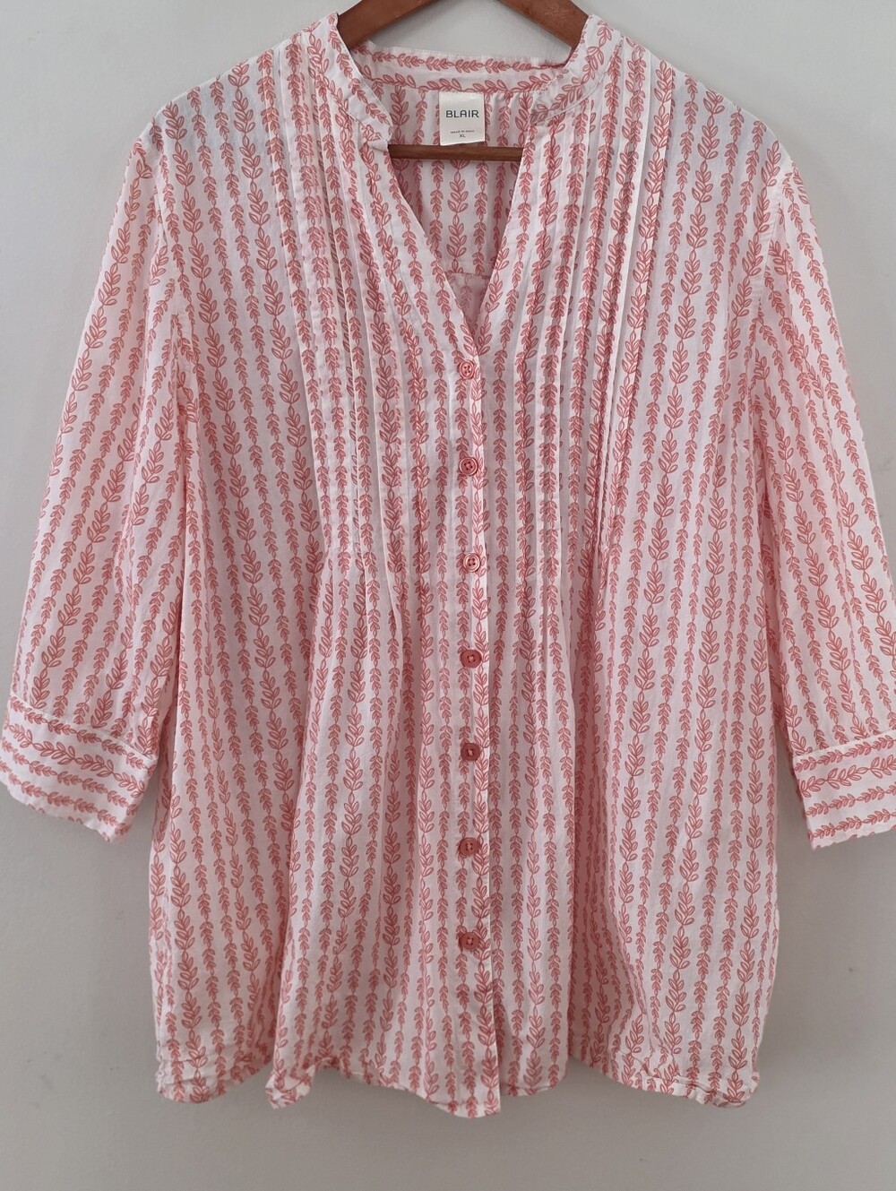 Blair Pink and White Printed Pintuck Button-Down Shirt